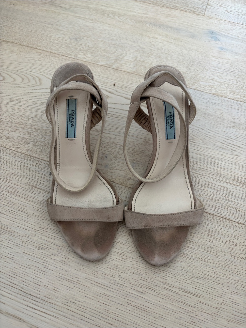 Vintage Prada Beige Suede Open-Toe Ankle-Strap Heels Sz 37